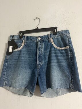 NWT rag & bone blue denim shorts with rhinestone-trim pockets.